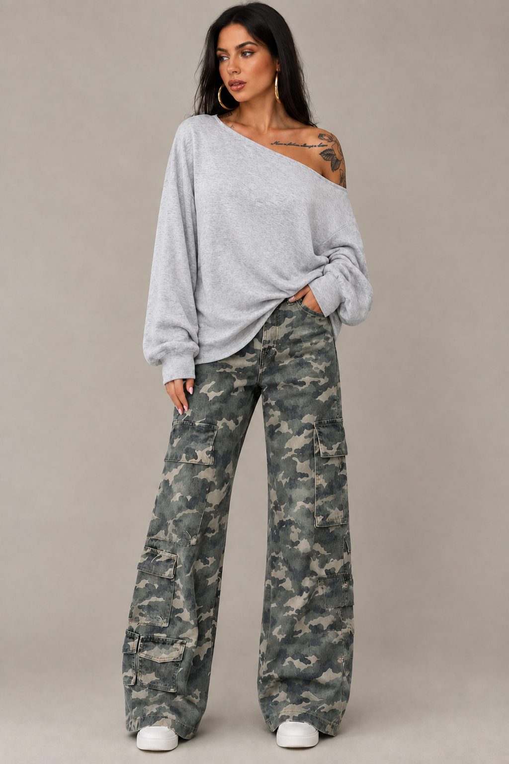 Adjusted model image with the corrected gray off-shoulder top
