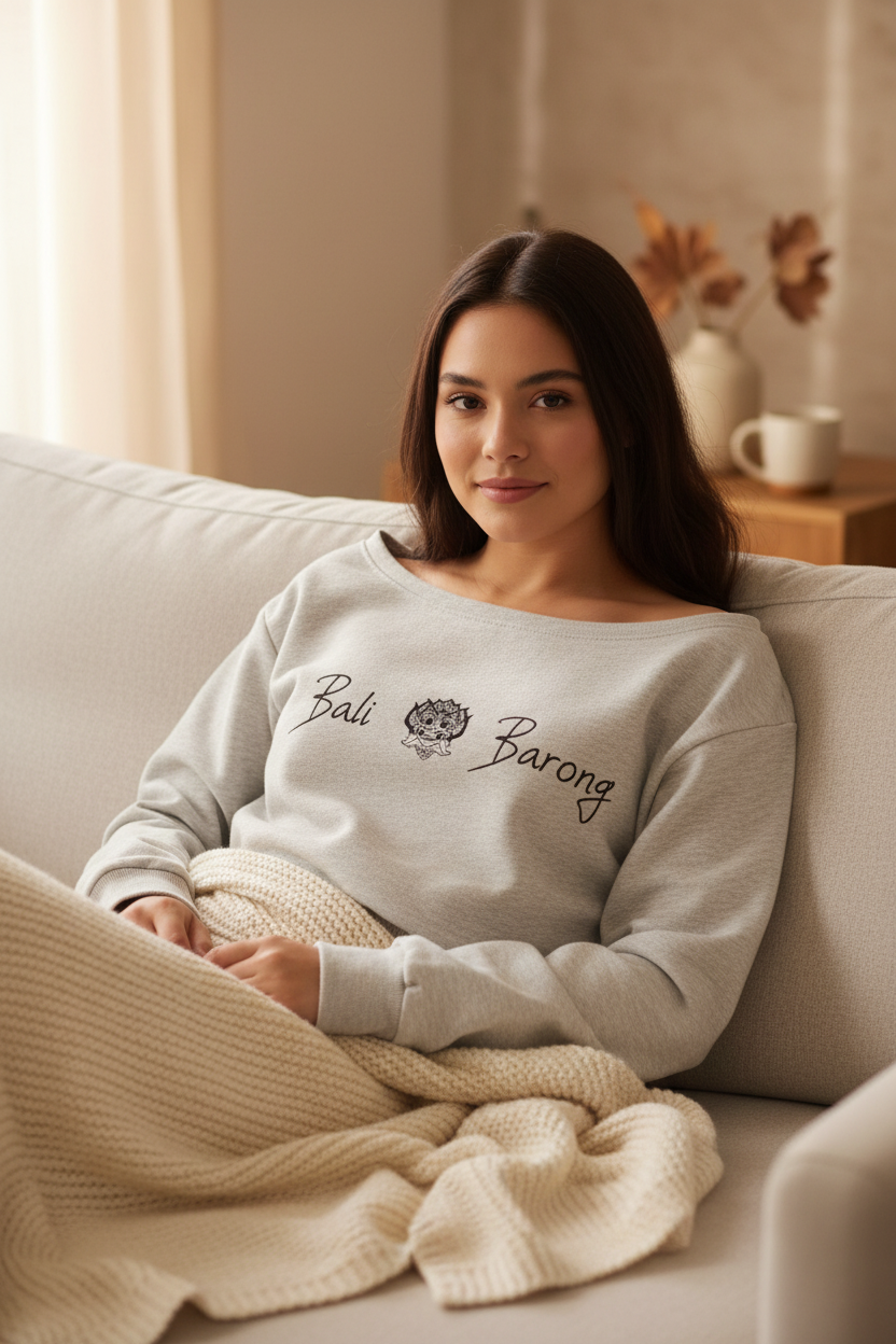 Solo lounge shot showing Bali Barong design on flower gray sweatshirt