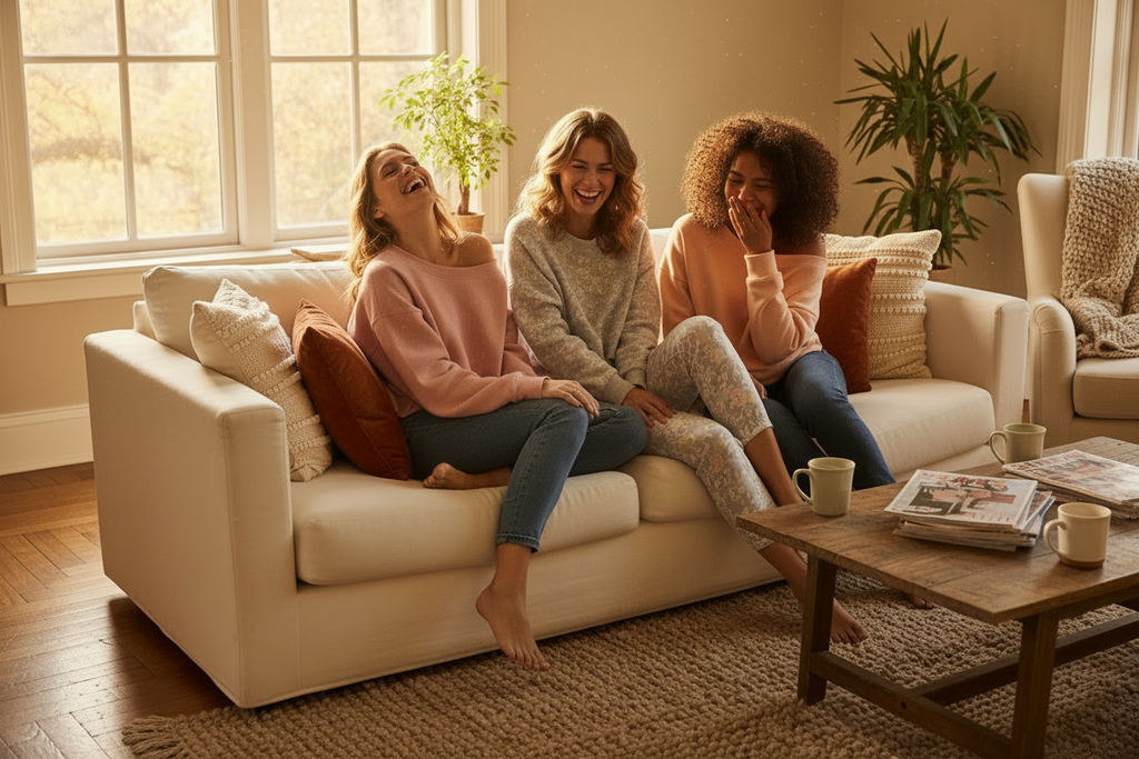 Friends lounging at home in Bali Barong off-shoulder sweatshirts