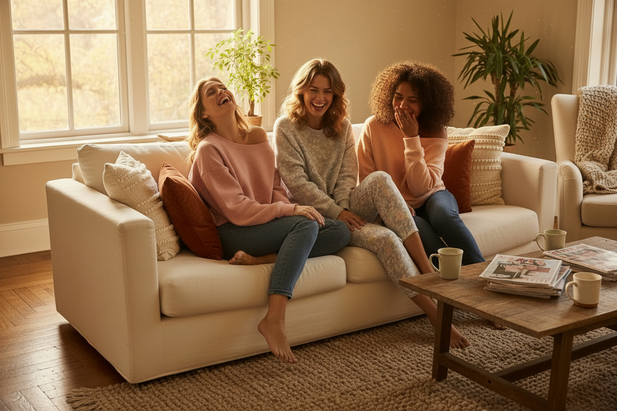 Friends lounging at home in Bali Barong off-shoulder sweatshirts