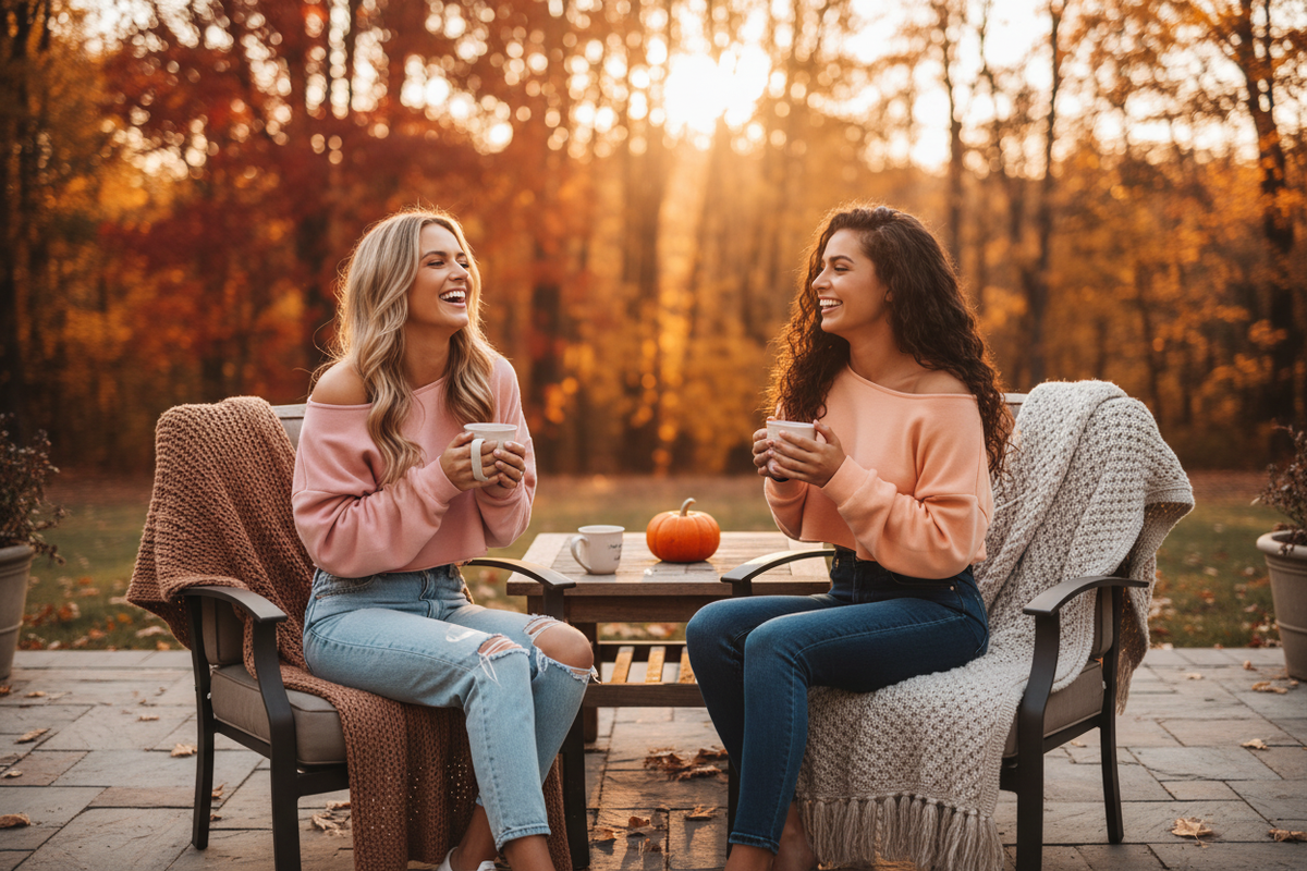 Friends on autumn patio wearing Bali Barong crop sweatshirts