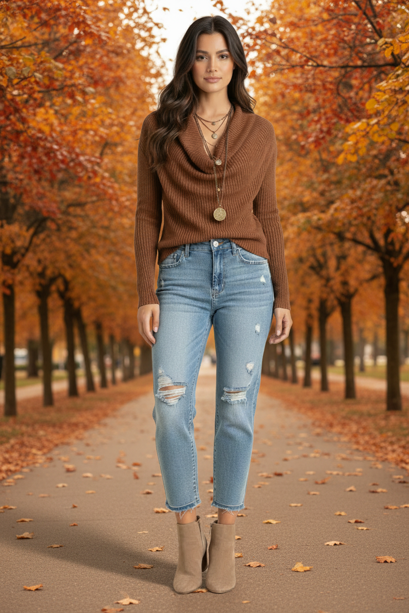 Woman wearing the bundle outdoors in an autumn park